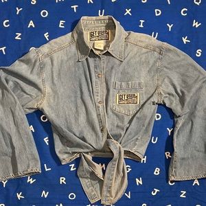 VTG 90s Get Used by Elie Denim Front Tie Crop Top